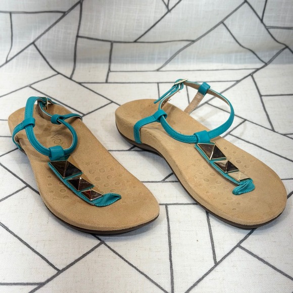 Vionic Shoes - Vionic Sandals Size 8 Teal Leather Gold Studded Orthotic T-Strap Ankle Strap